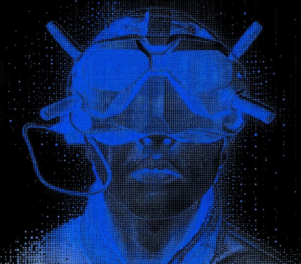 A drone pilot wearing FPV goggles, rendered as a blue halftone portrait.
