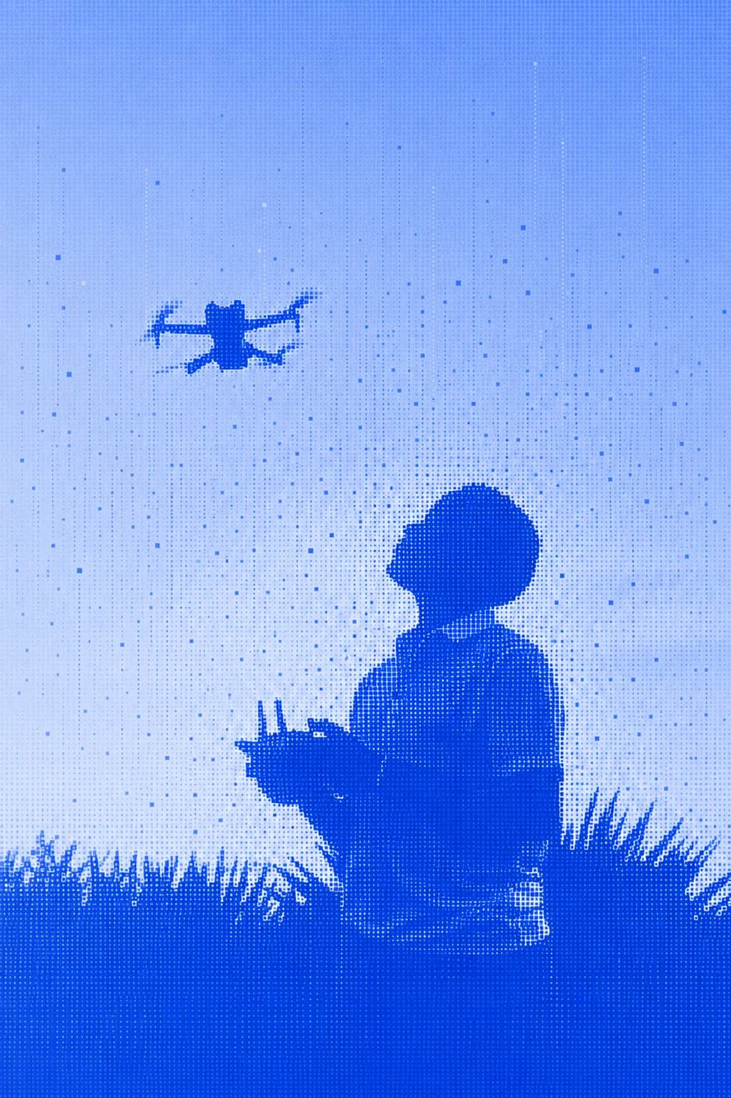 A drone pilot silhouetted in tall grass, flying a quadcopter.